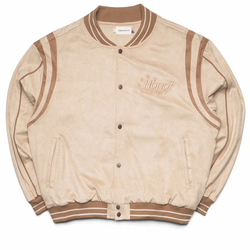 Casual Street Pink Honor The Gift Oil Head Varsity Jacket - Tan