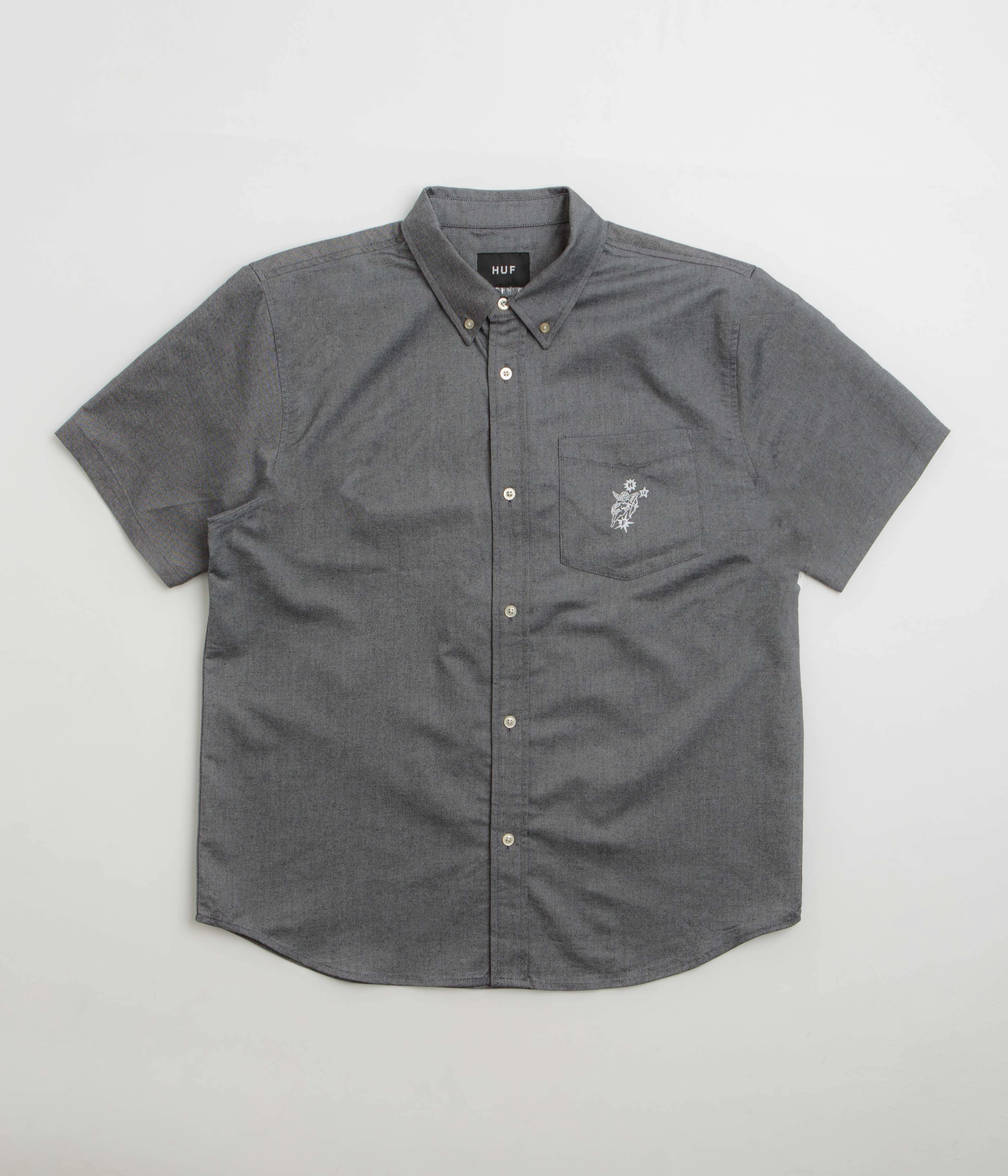 HUF Icarus Short Sleeve Oxford Shirt - Washed Black Fitted Silhouette Polo Style
