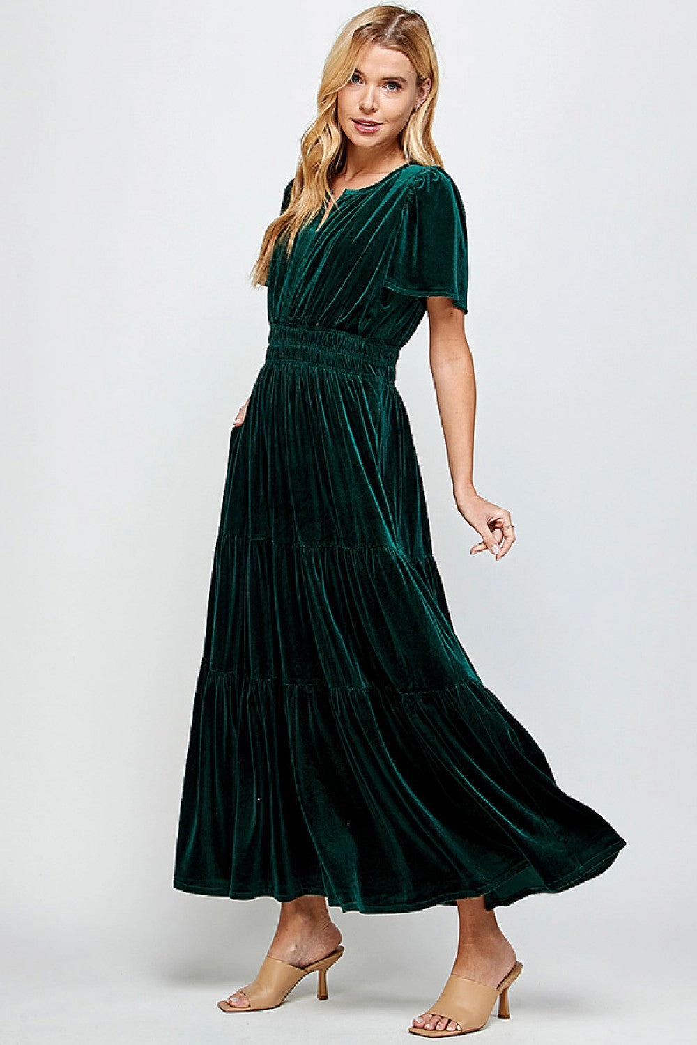 Fluid Fabric Hunter Green Velvet Tiered Midi Dress