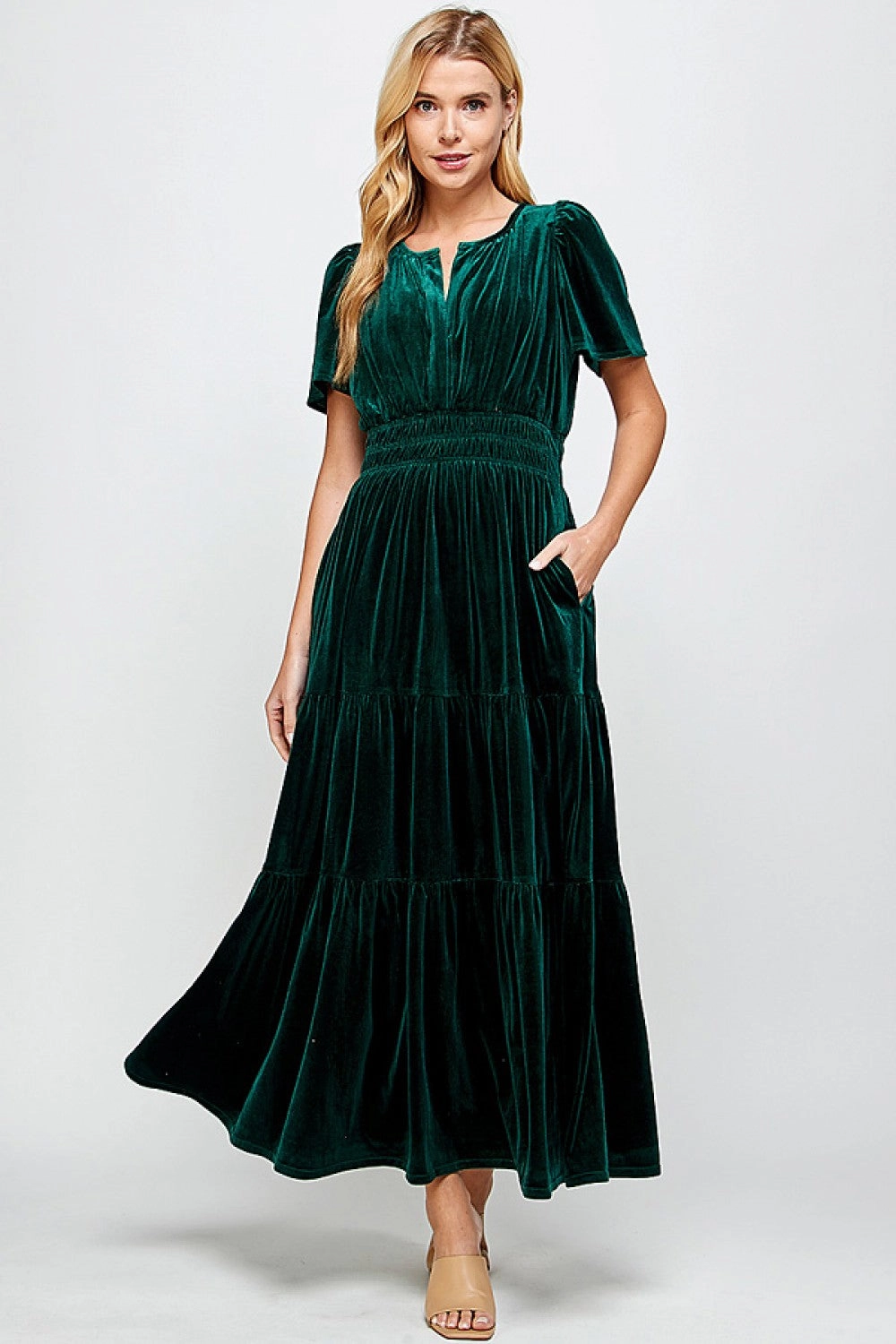 Anti-bacterial Hunter Green Velvet Tiered Midi Dress