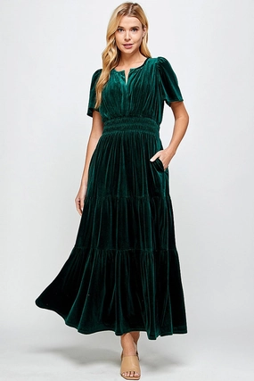 Anti-bacterial Hunter Green Velvet Tiered Midi Dress