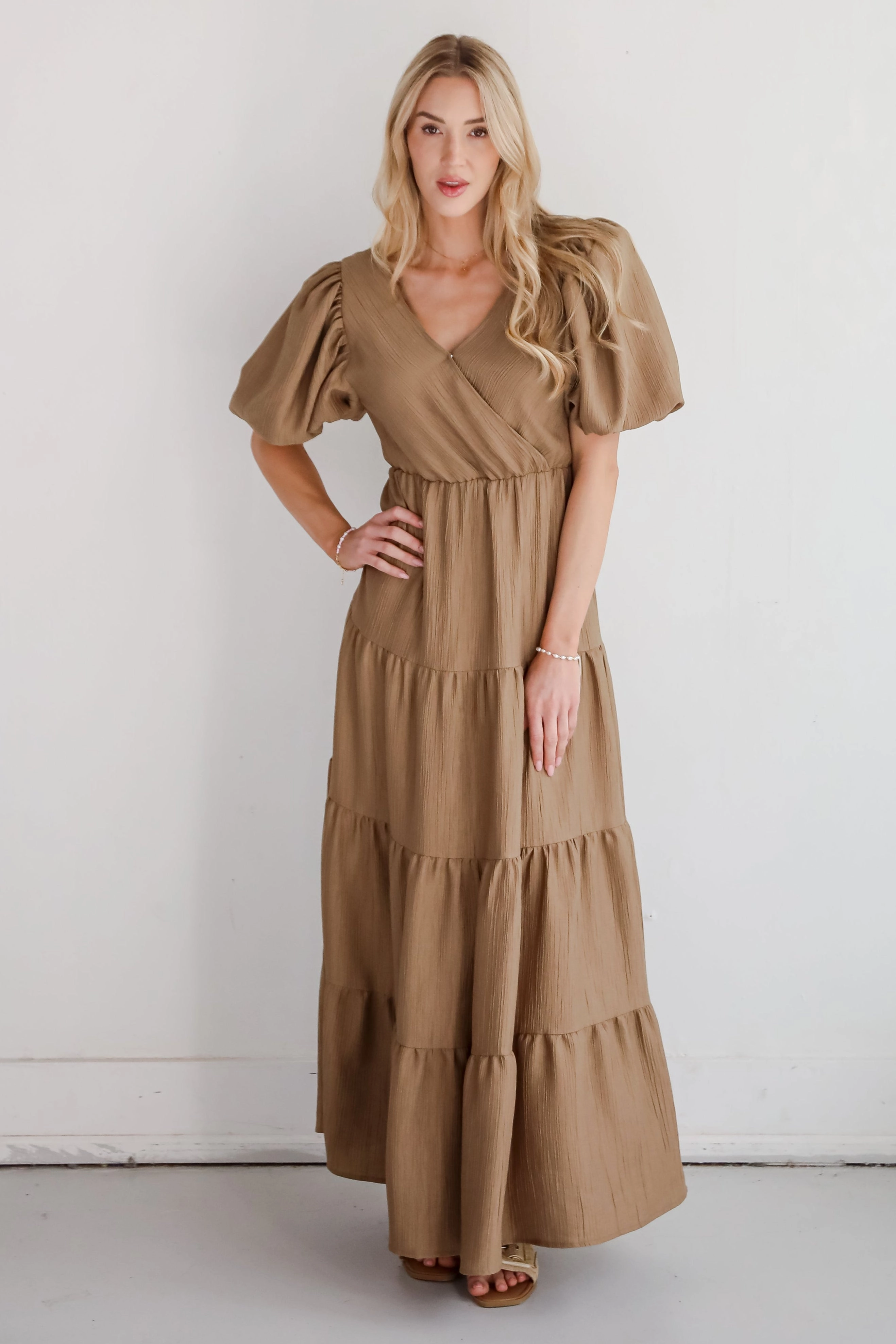 FINAL SALE - Aesthetic Ease Taupe Tiered Maxi Dress Flattering Shape Wear Casual Mode