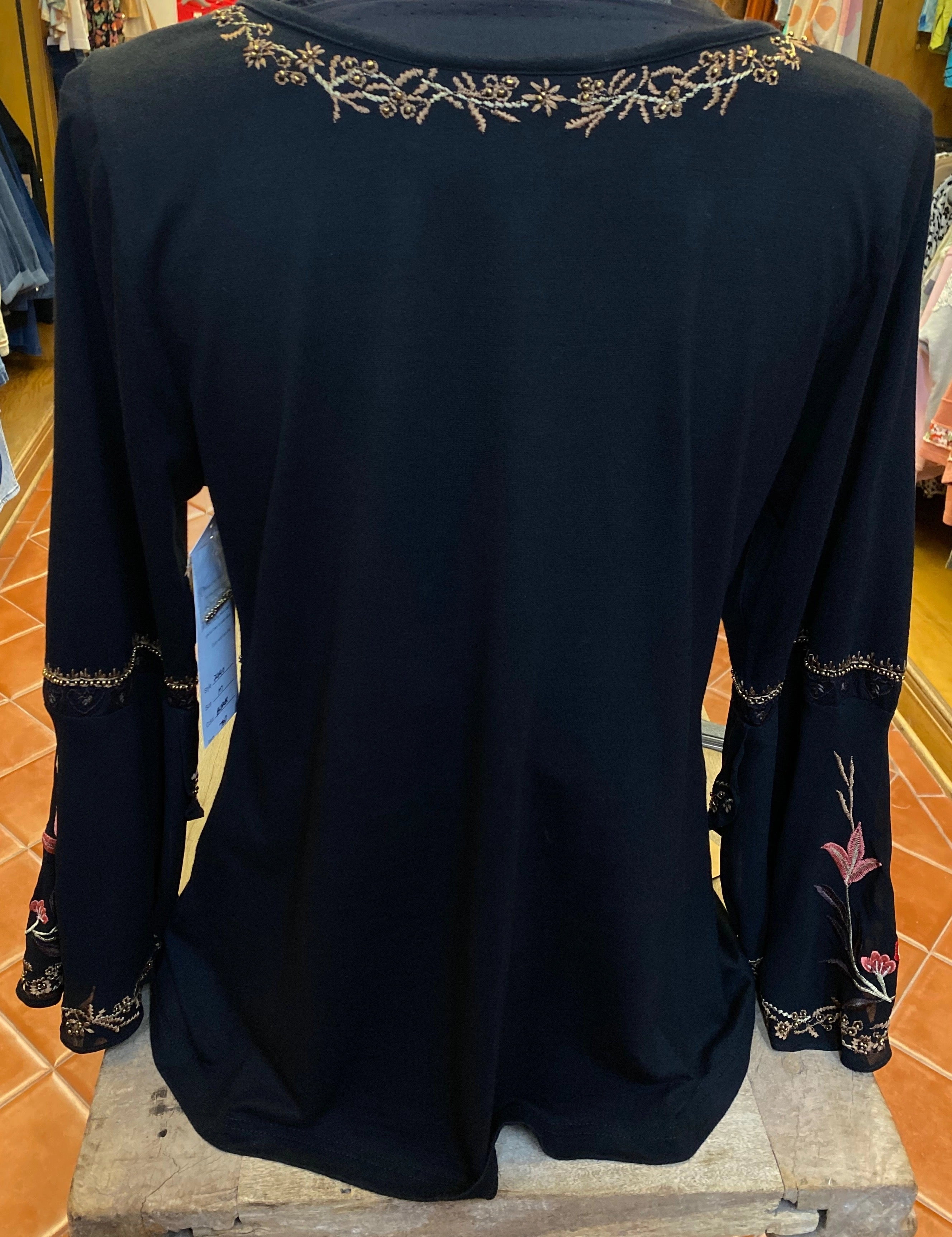 Bold Structure Black Knit Embroidered Blouse by Vintage Collection