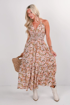 Clean Structure FINAL SALE - Speak Your Mind Taupe Floral Halter Maxi Dress