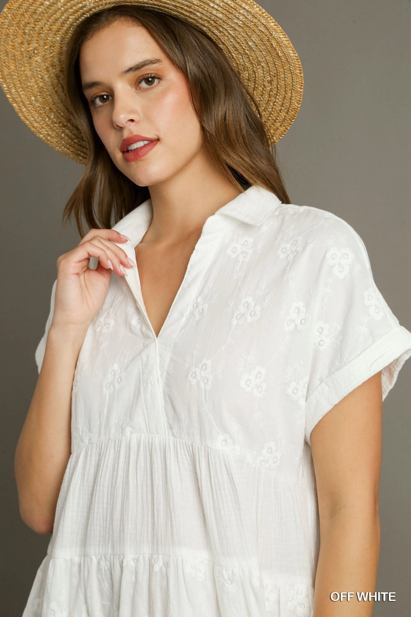 White Cotton Floral Eyelet Tiered Dress Breeze Grace Pocket-Detail