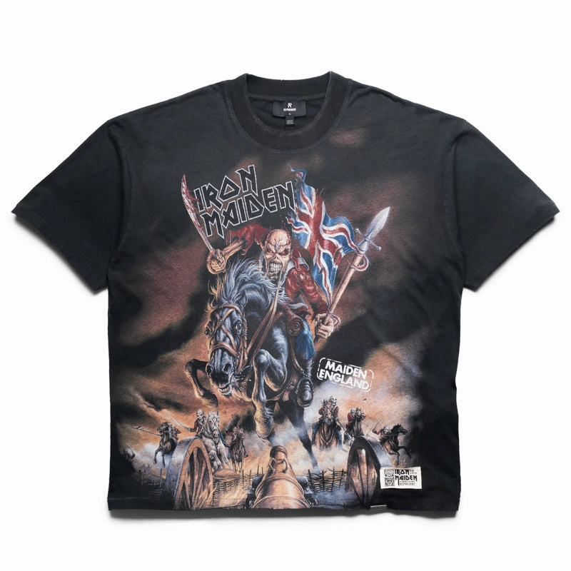 Embroidered School Uniform Iron Maiden x Represent Steed Tee - Stained Black