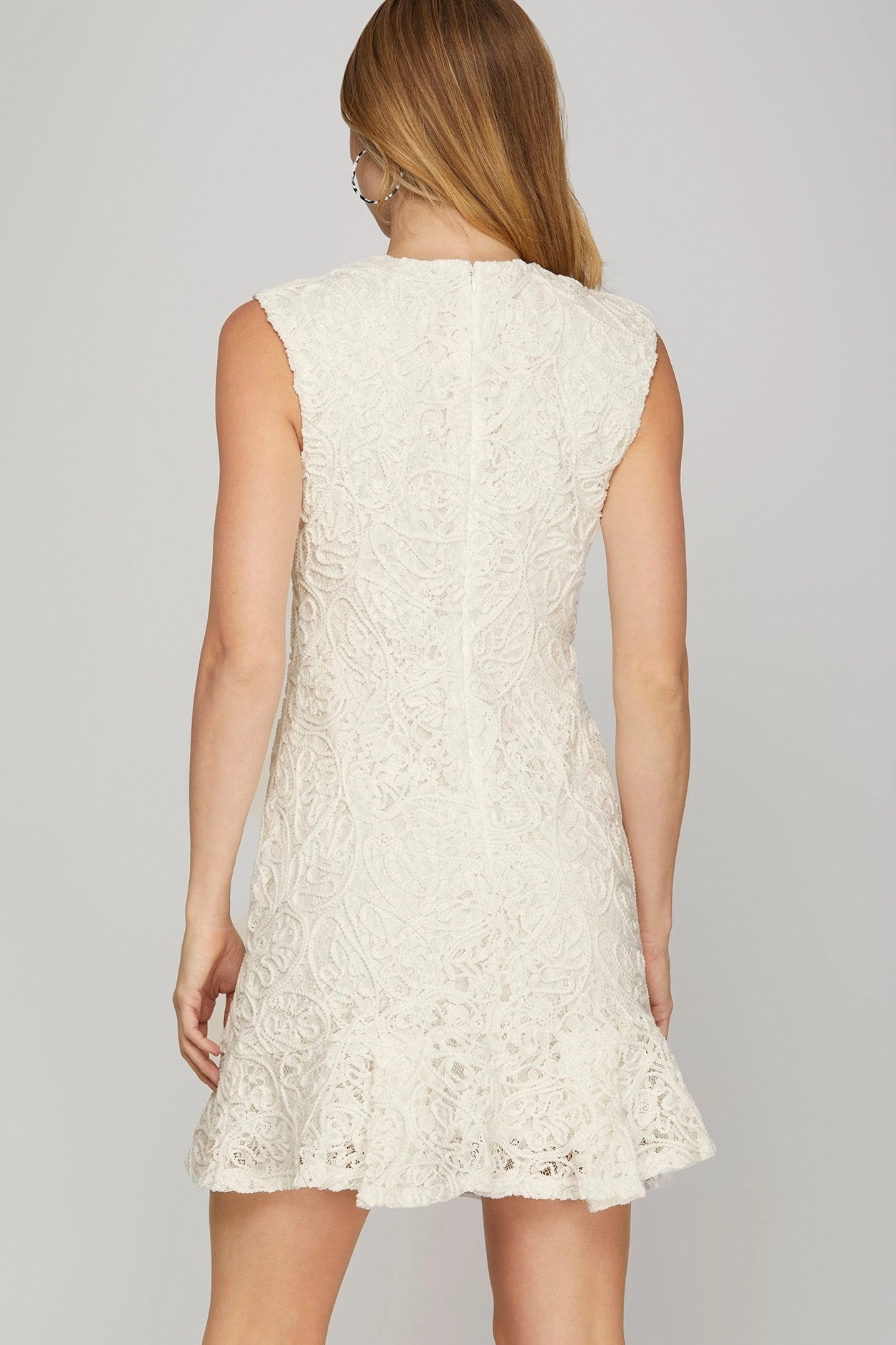 Square-Neck Weekend Ready Ivory Lace V-Neck Mini Dress