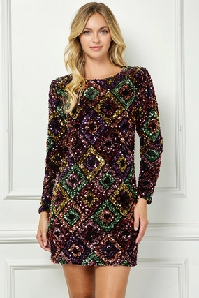 Jewel Tones All Over Sequin Mini Dress High Waist