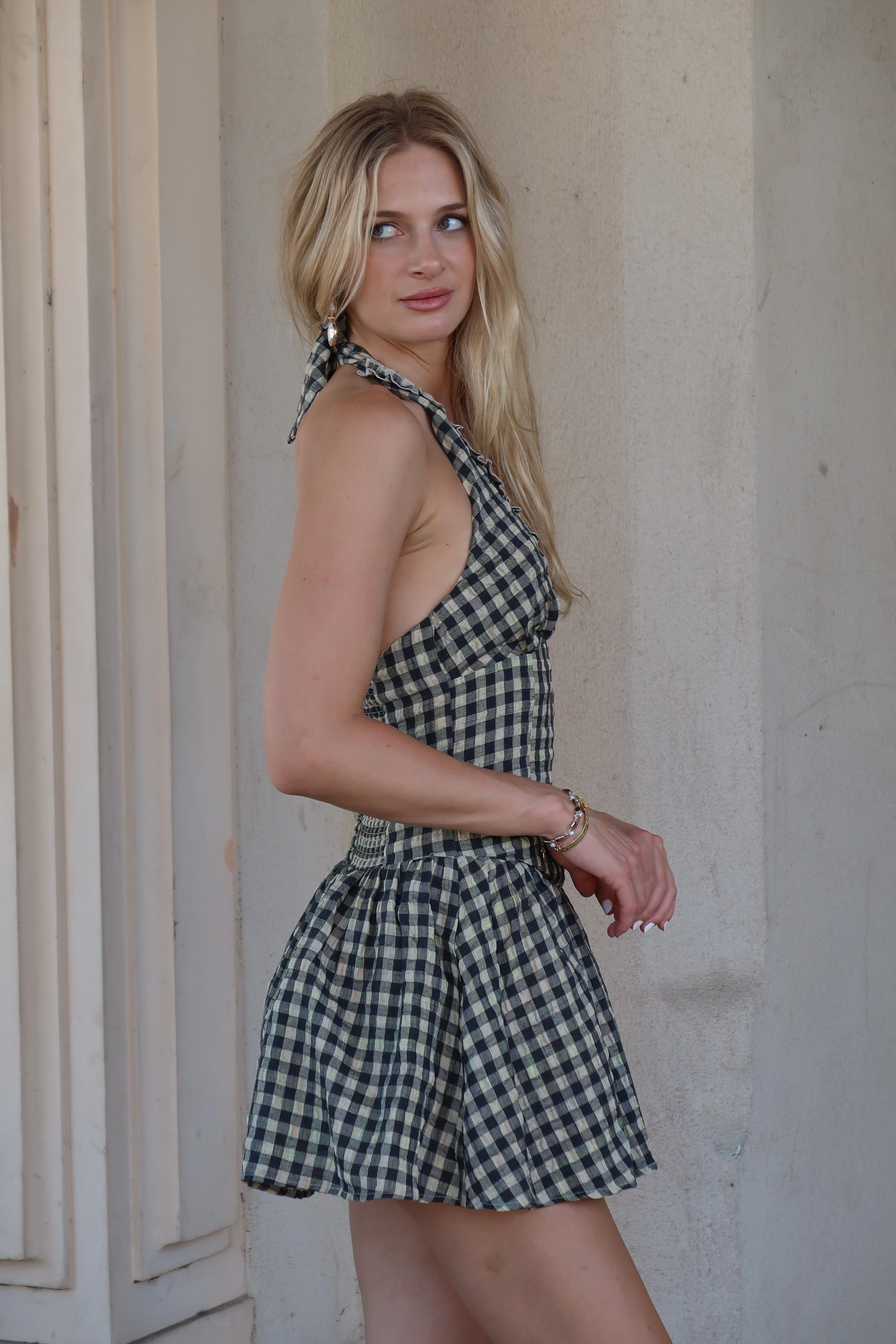 Joslin Sleeveless Halter Checkered Print Mini Dress Natural Jewel Tones