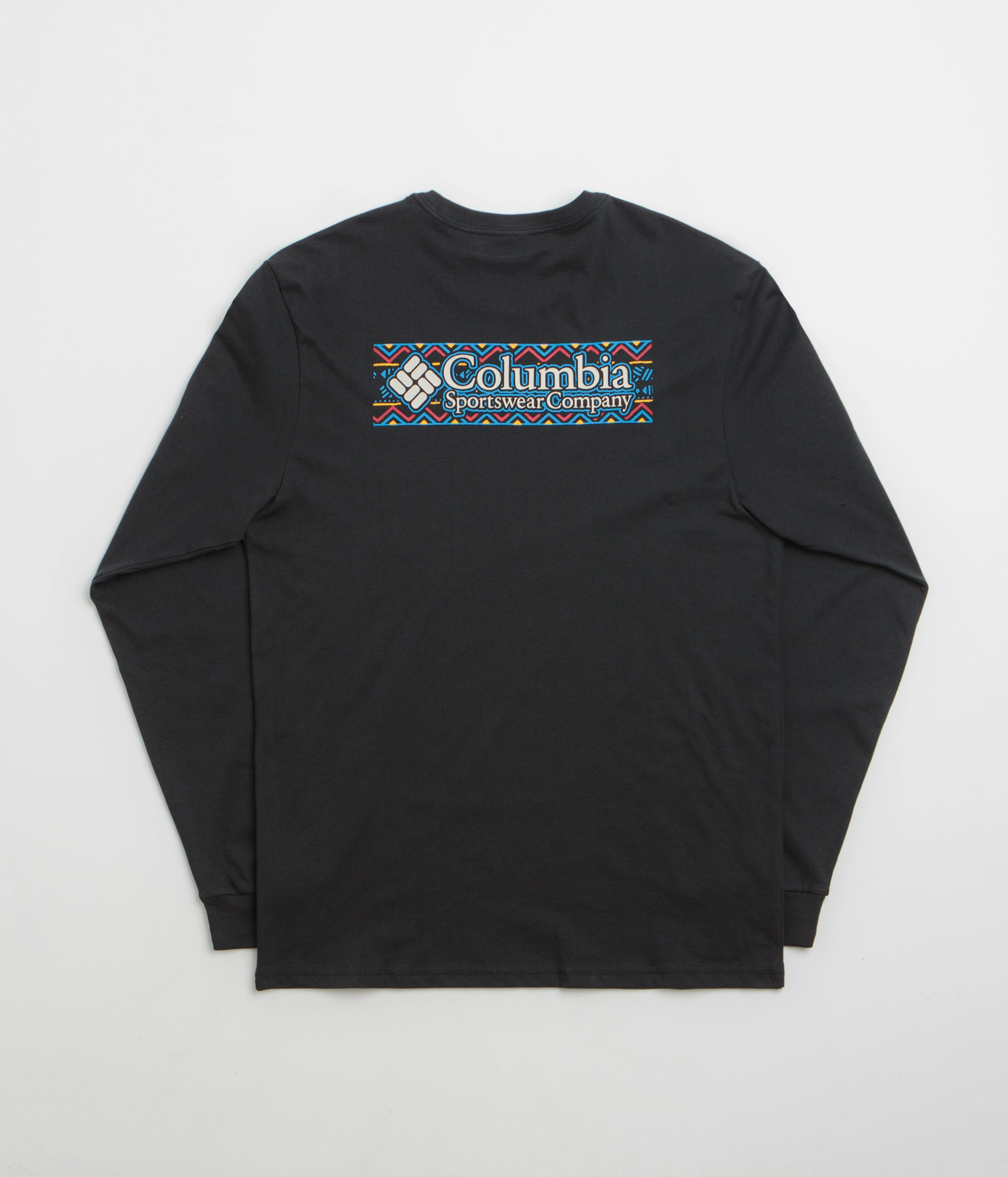 Columbia Explorers Canyon Long Sleeve T-Shirt - Black / Branded Blanket Geometric Pattern Airflow Enhanced Back Panel