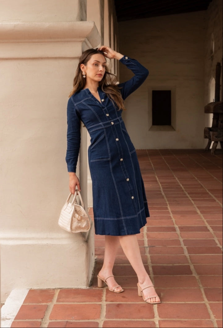 Kali Long Sleeve Button Down Denim Midi Dress Dark Wash Love Glow Sleek Appearance
