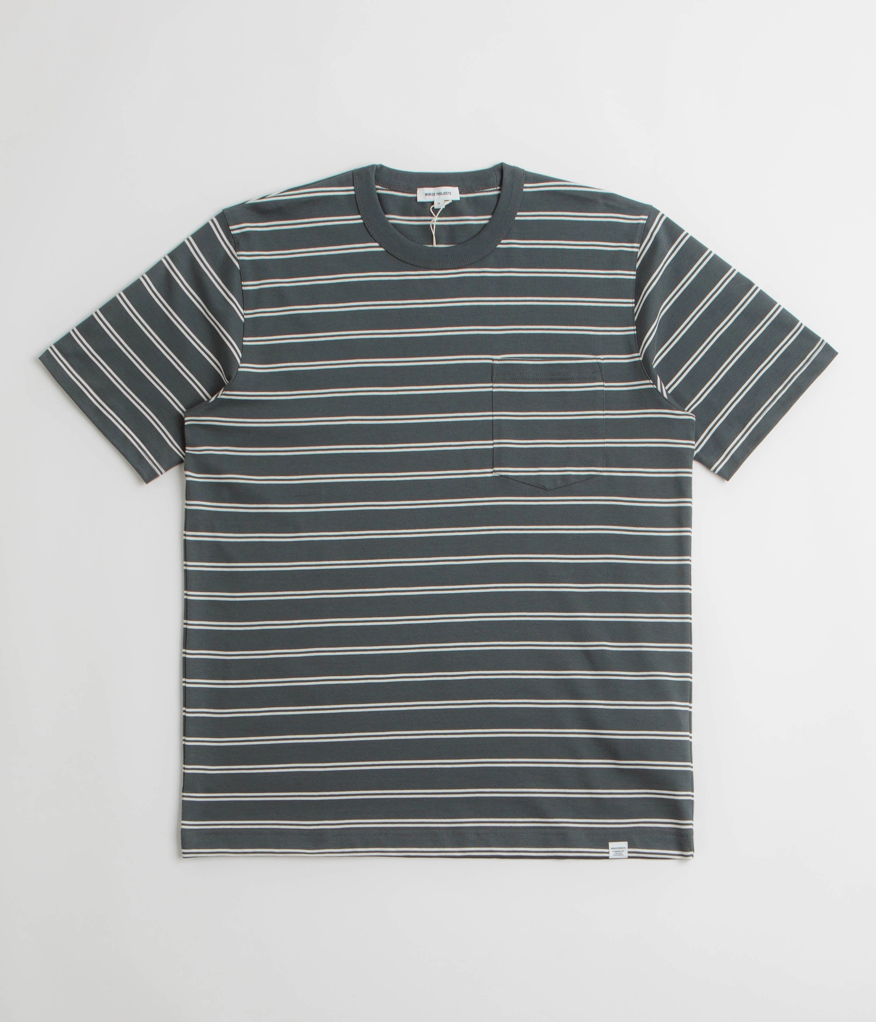Norse Projects Holger Organic Sailor Stripe Pocket T-Shirt - Battleship Grey cardigan silhouette