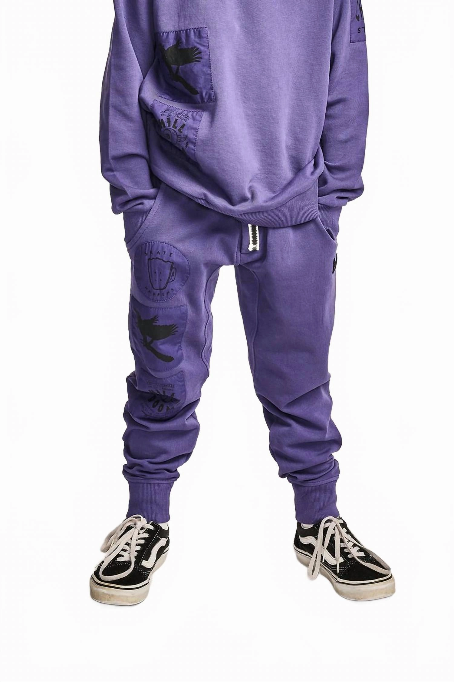 Wrinkle-Resistant Kid's Patchit Track Pant With Poplin Patches In Washed Purple