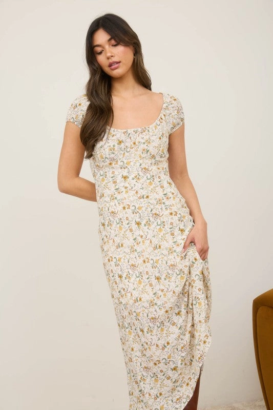 Multi Season Kora Floral Scoop Neck Ruched Short Sleeve Midi Dress