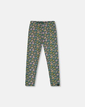 Leggings Green with Flower Print Seamless Design