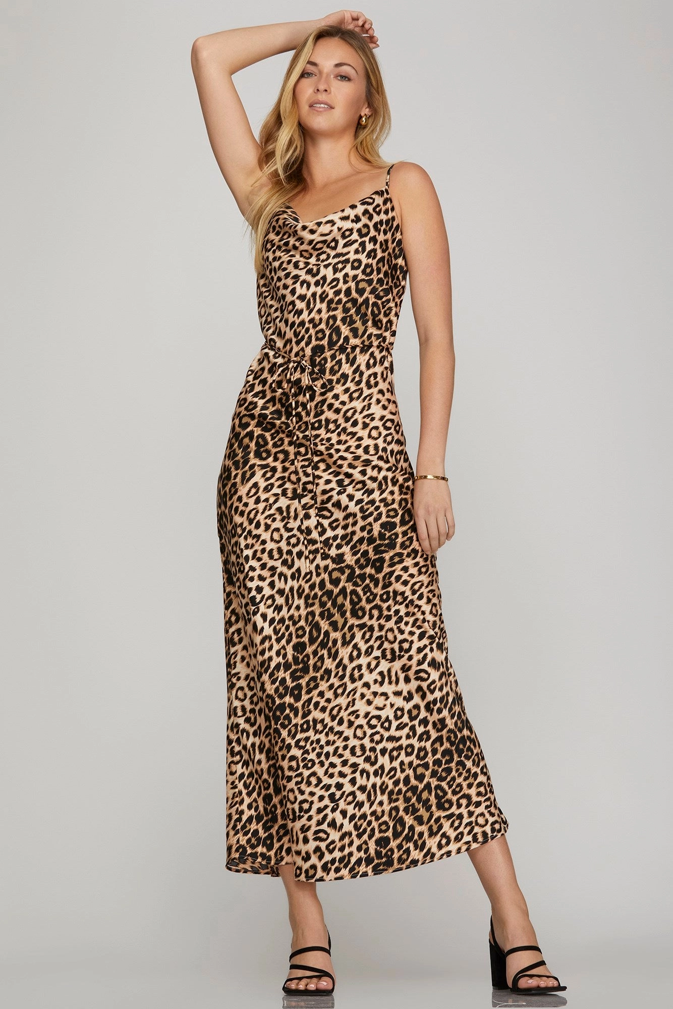 Flowy-Shape Leopard Print Satin Cami Maxi Dress