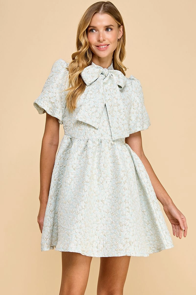 Light Blue Elegant Jacquard Puff Sleeve Fit-and-Flare Dress Life Soft