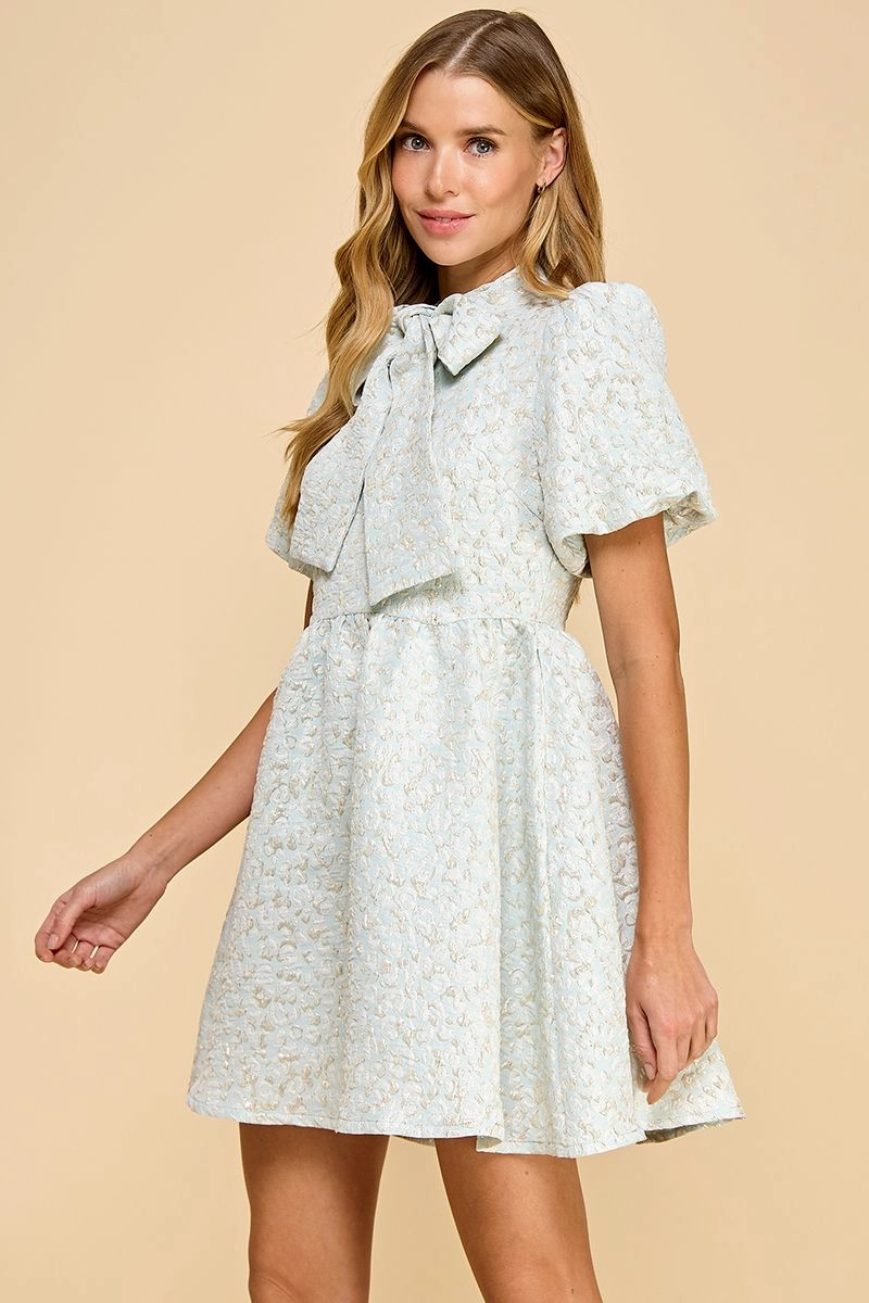 Snag-Resistant Grace Vibe Light Blue Elegant Jacquard Puff Sleeve Fit-and-Flare Dress