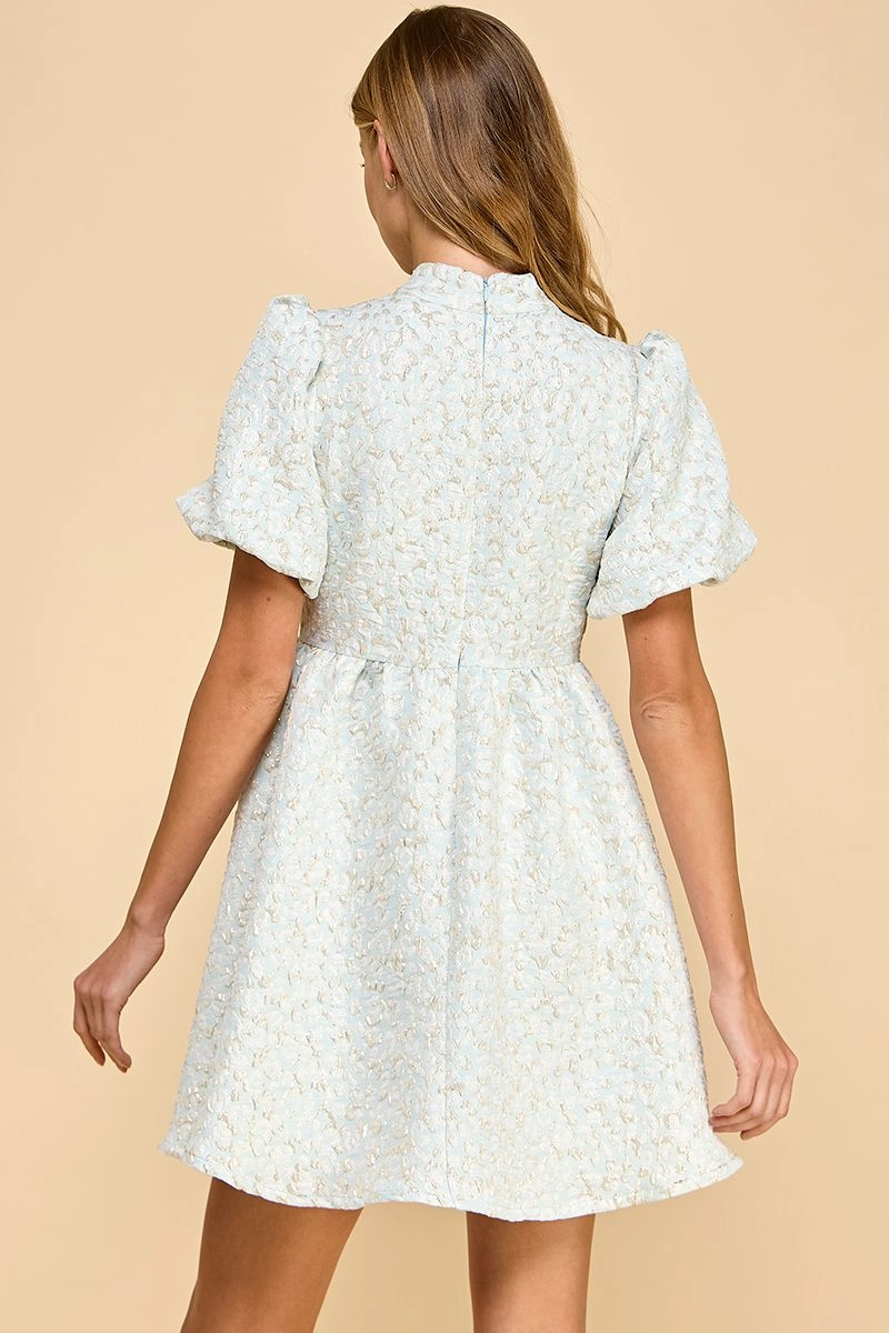 sophisticated appearance Outfit Core Light Blue Elegant Jacquard Puff Sleeve Fit-and-Flare Dress