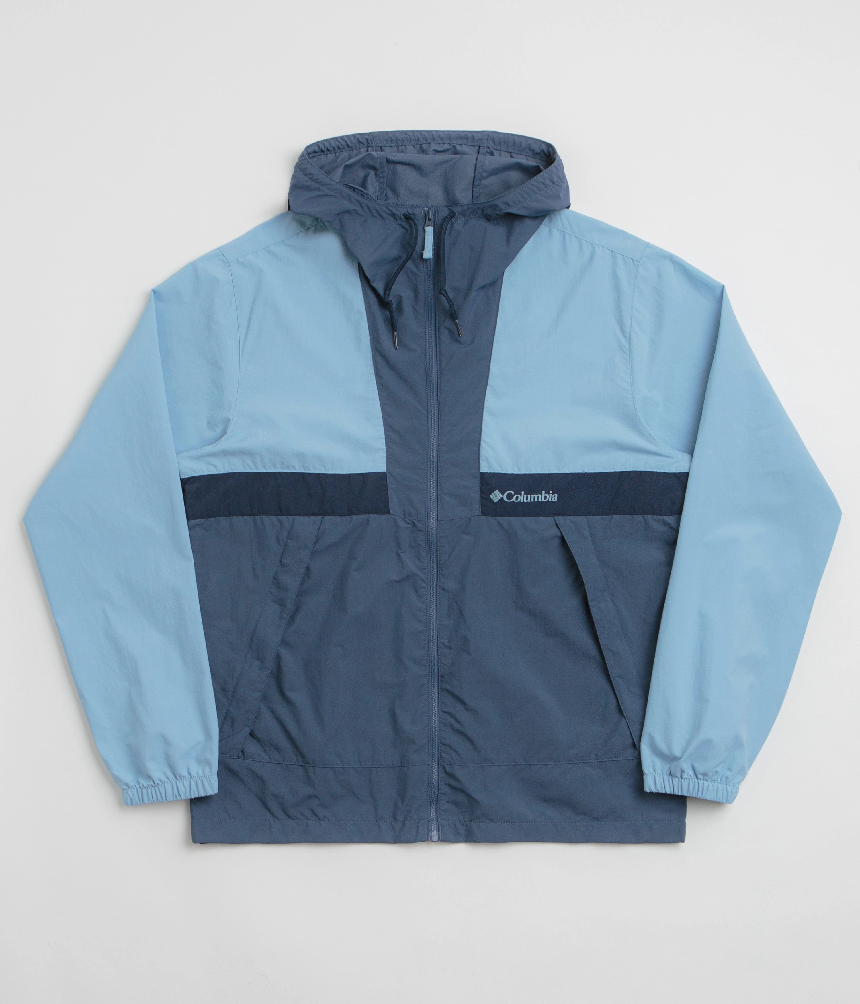 Heat Sealed Seams Abrasion Resistant Finish Columbia Spire Valley Hooded Windbreaker Jacket - Ripple Blue / Dark Mountain / Collegiate Navy