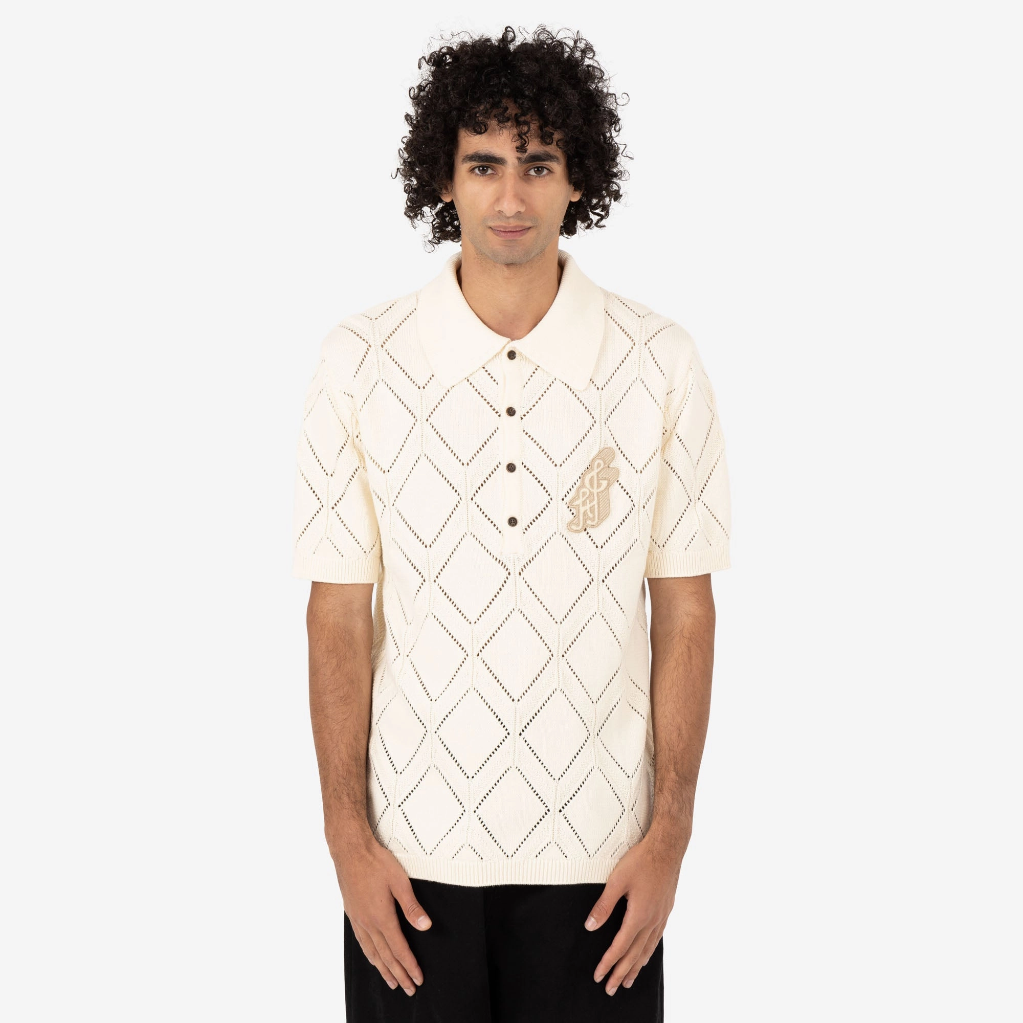All Purpose Weave Design Non Restrictive Armhole Honor the Gift Diamond Knit Polo / Cream