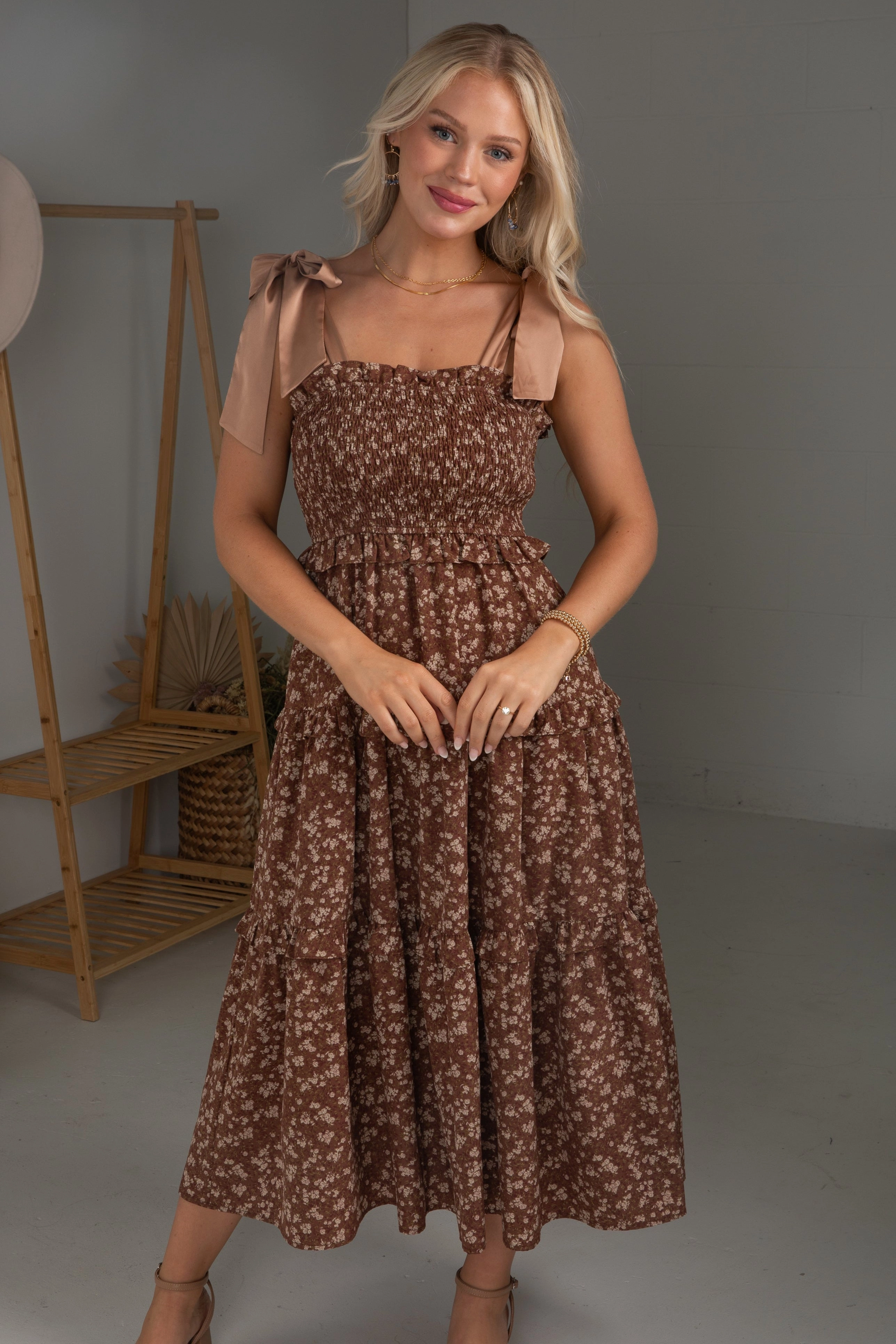 Muted Moments Brown Floral Tiered Midi Dress Anytime Fit