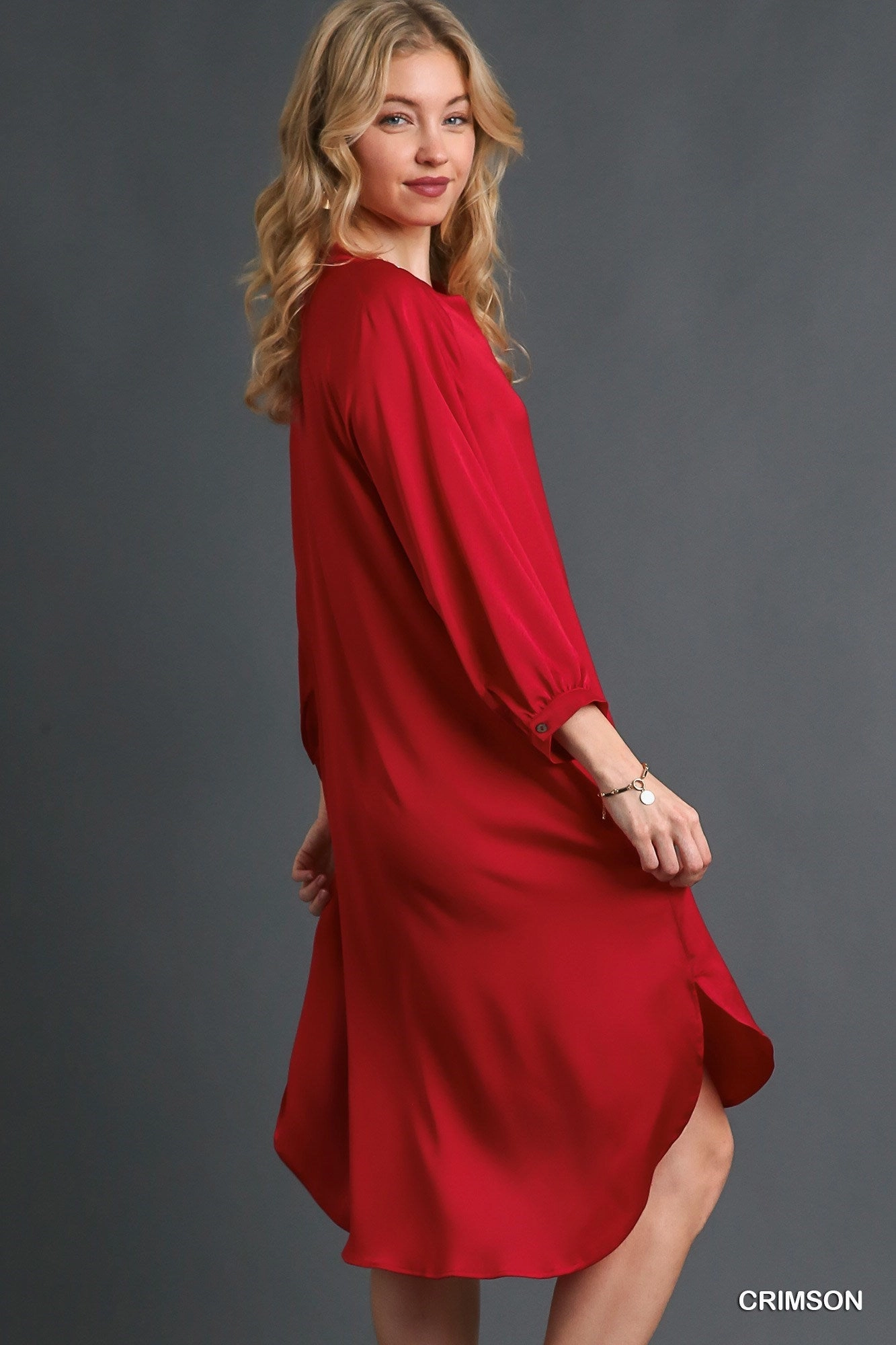 Formal Wear Crimson Red Satin Button Down Midi Dress