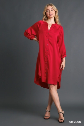 Crimson Red Satin Button Down Midi Dress Romantic Hour