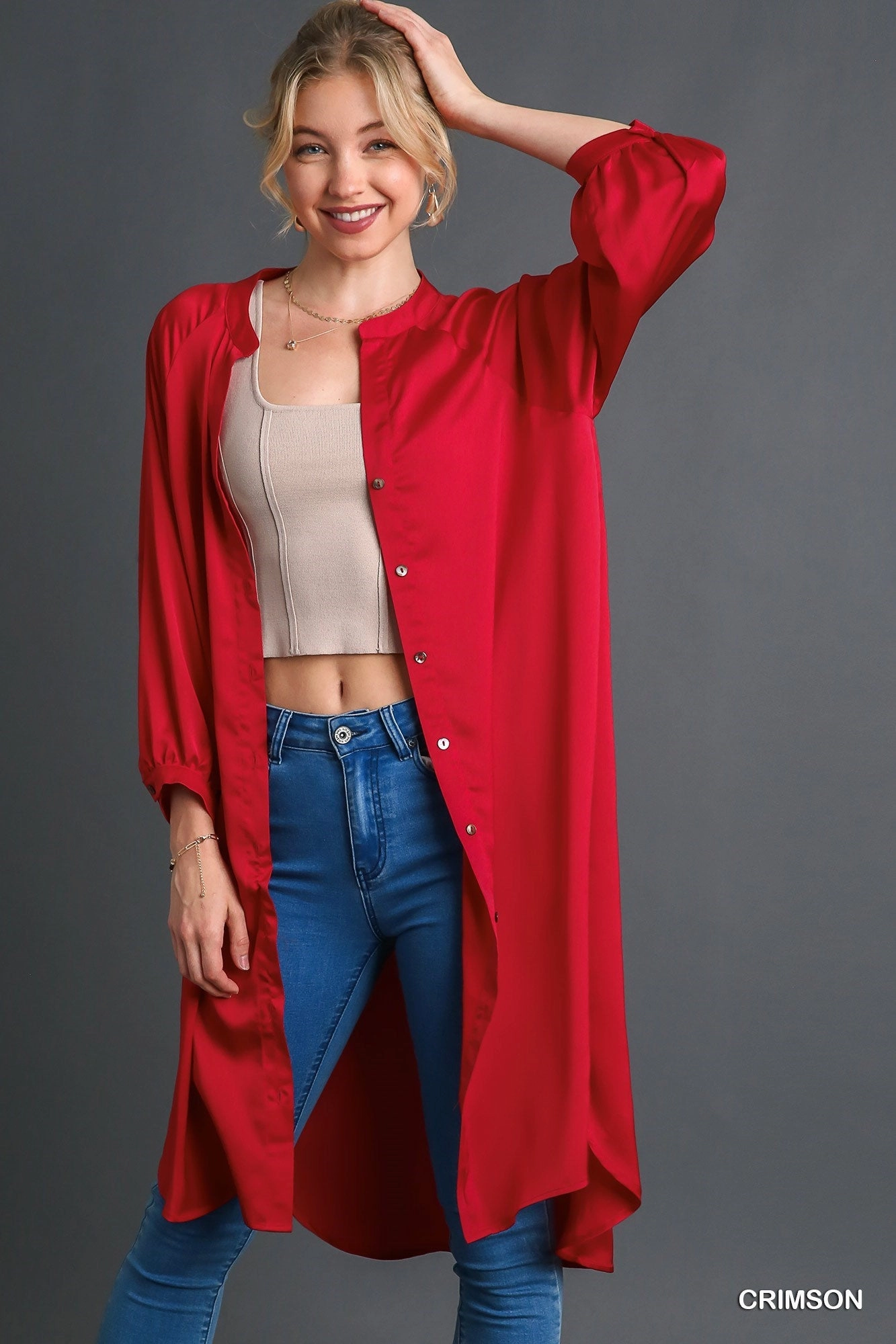 Crimson Red Satin Button Down Midi Dress Relaxed day dress