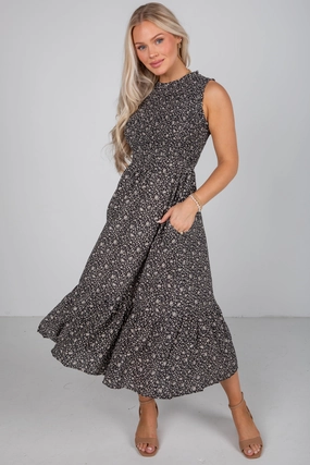 Year Rounder Marvelous Time Black Smocked Floral Midi Dress