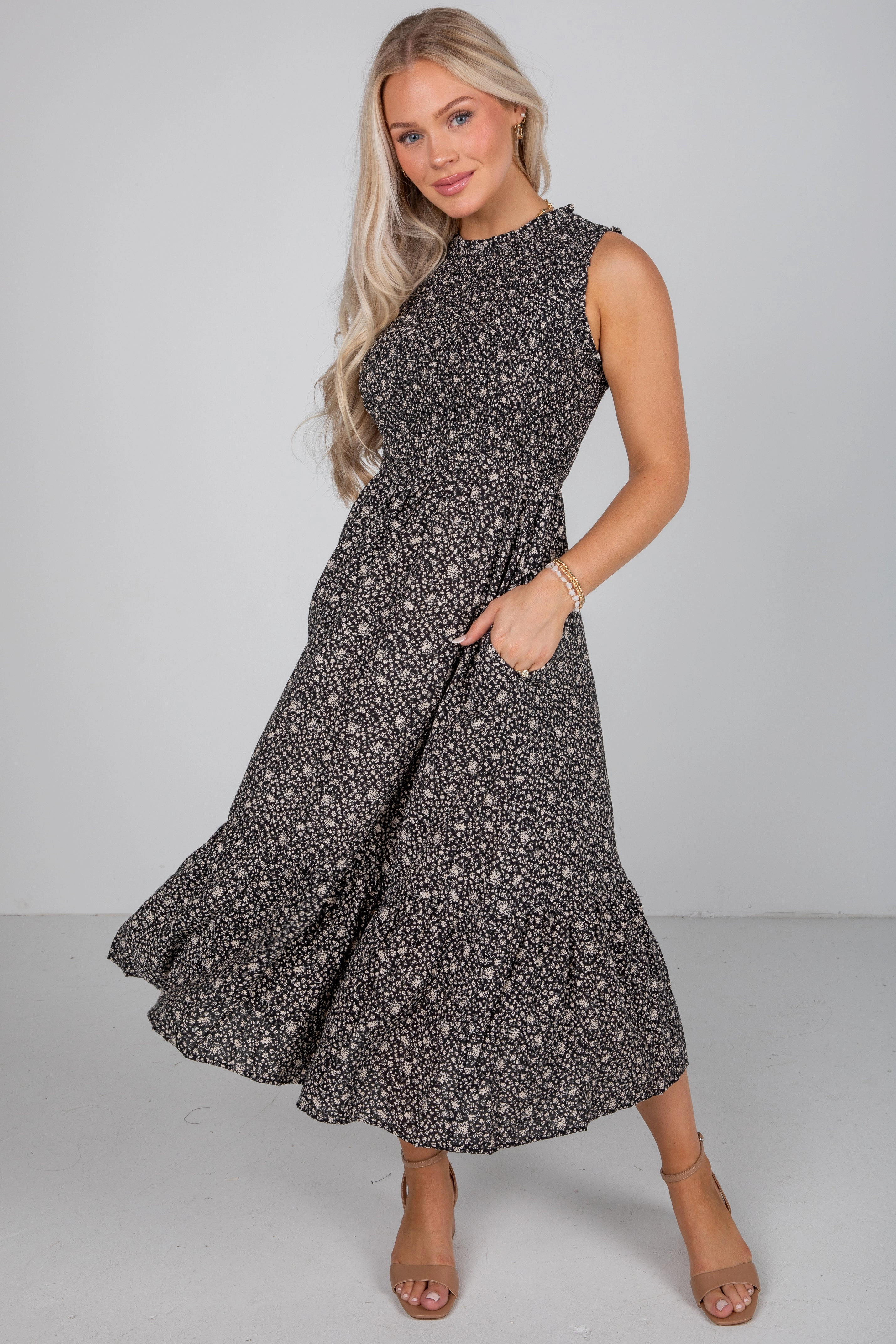 Pure Aesthetic Marvelous Time Black Smocked Floral Midi Dress