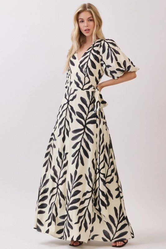 Maryann Short Bubble Sleeve Palm Print Wrap Maxi Dress Black Perfect Style Wear