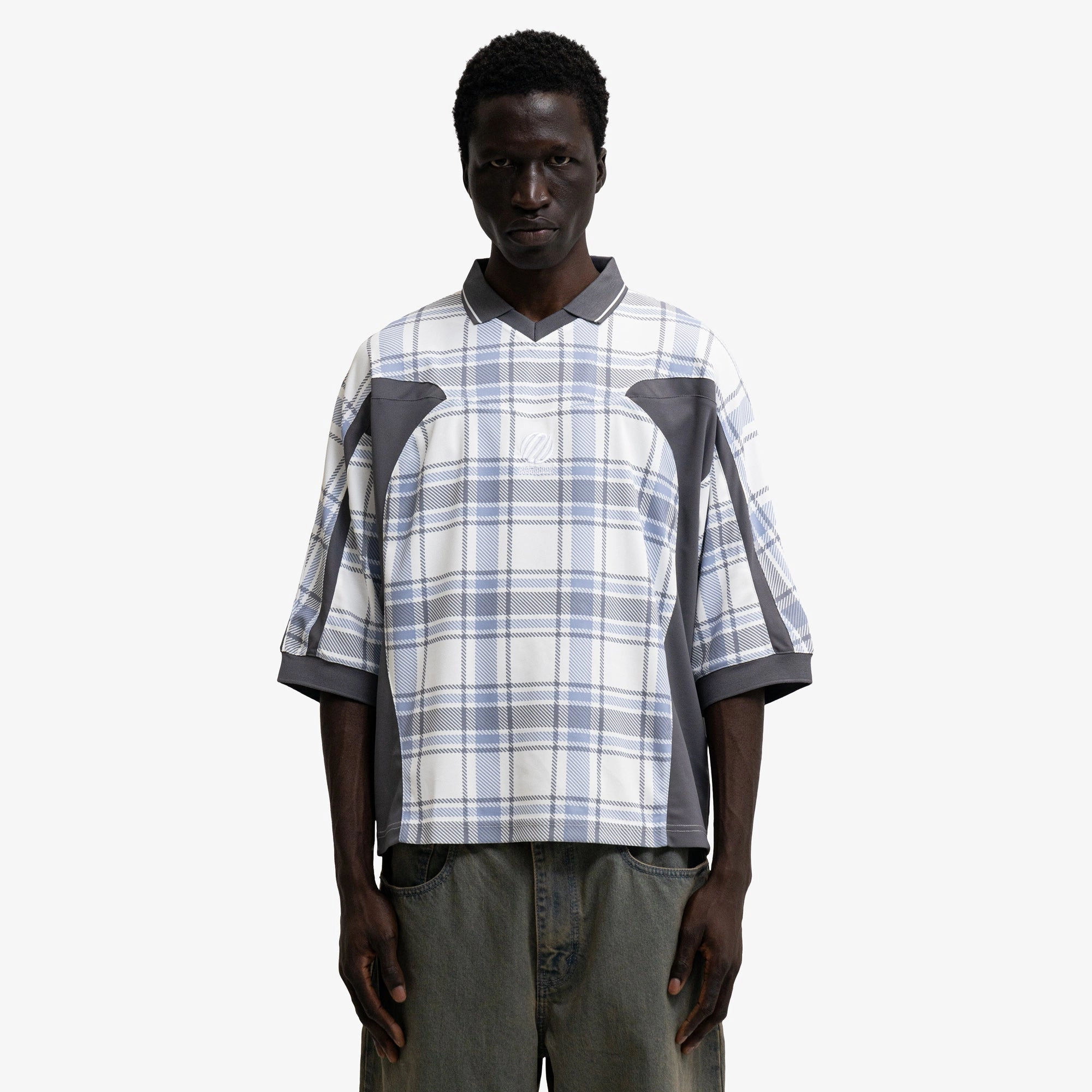 Metalwood Paneled 3/4 Sleeve Polo / Ice tailored look