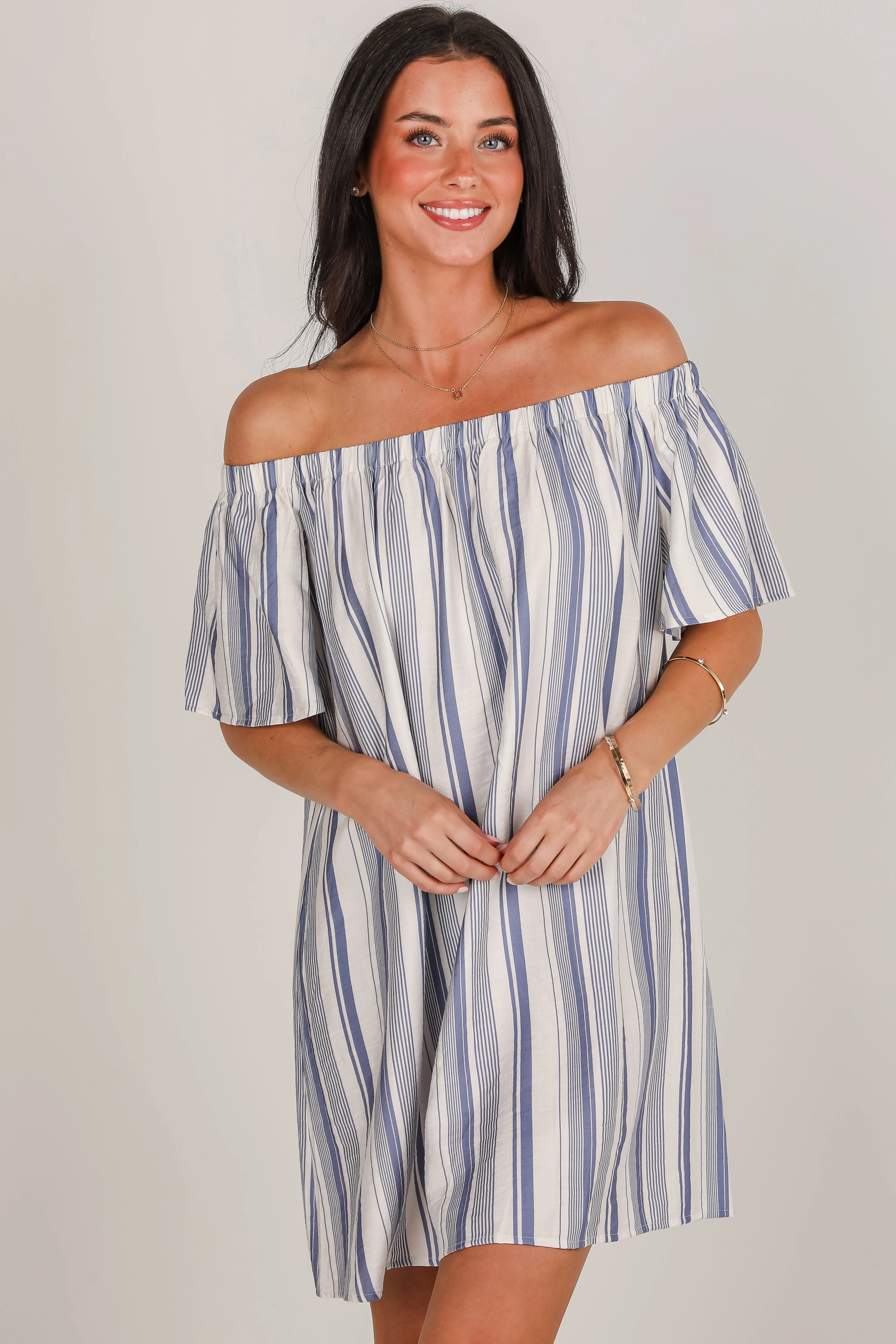 FINAL SALE - Just A Theory Blue Striped Mini Dress Subtle Stitch Chill Comfort
