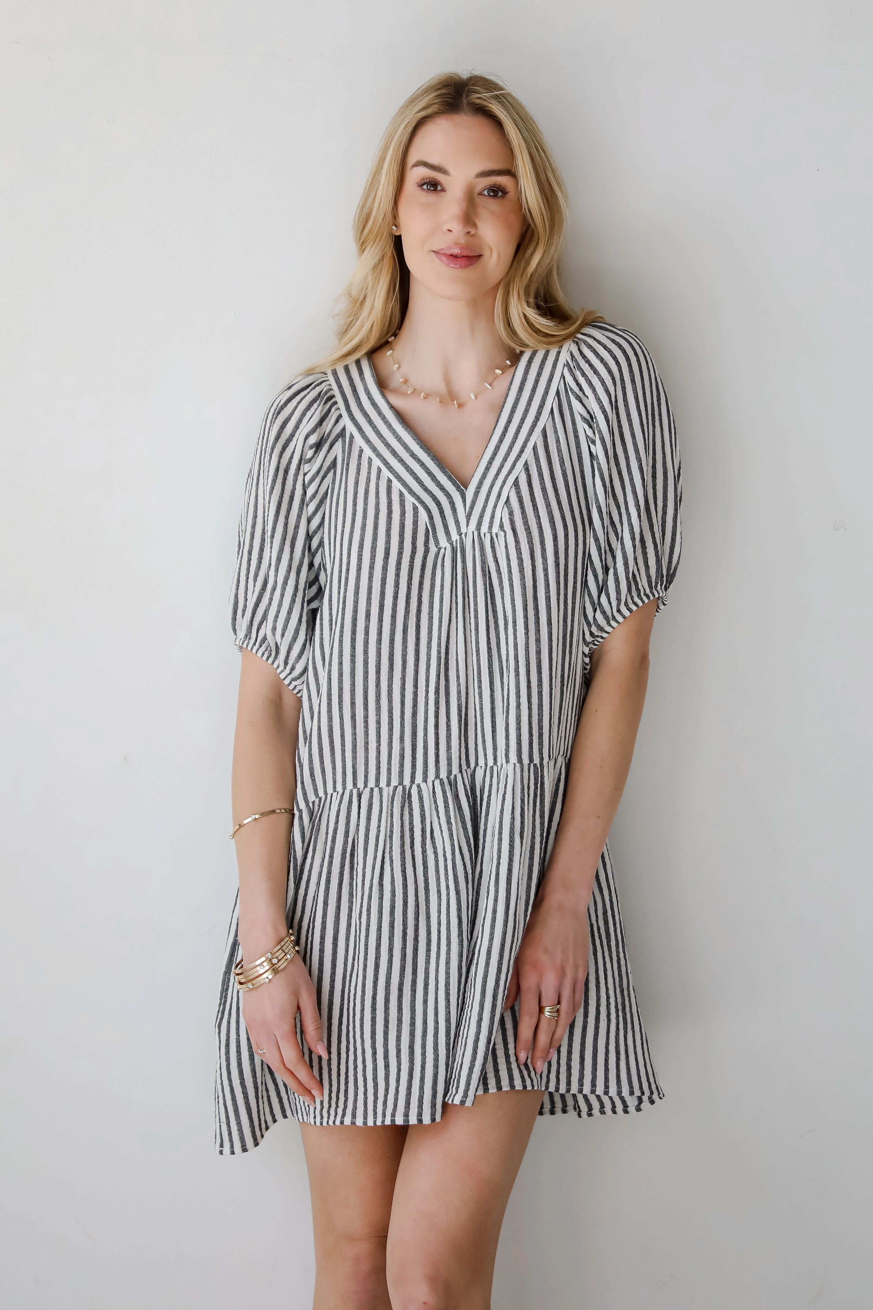 Office Cool Soft cotton blend dress FINAL SALE - Covetable Vibe Charcoal Striped Linen Mini Dress
