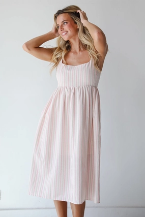 FINAL SALE - Charmed Energy Pink Striped Midi Dress Pretty Glow Flexible Comfort
