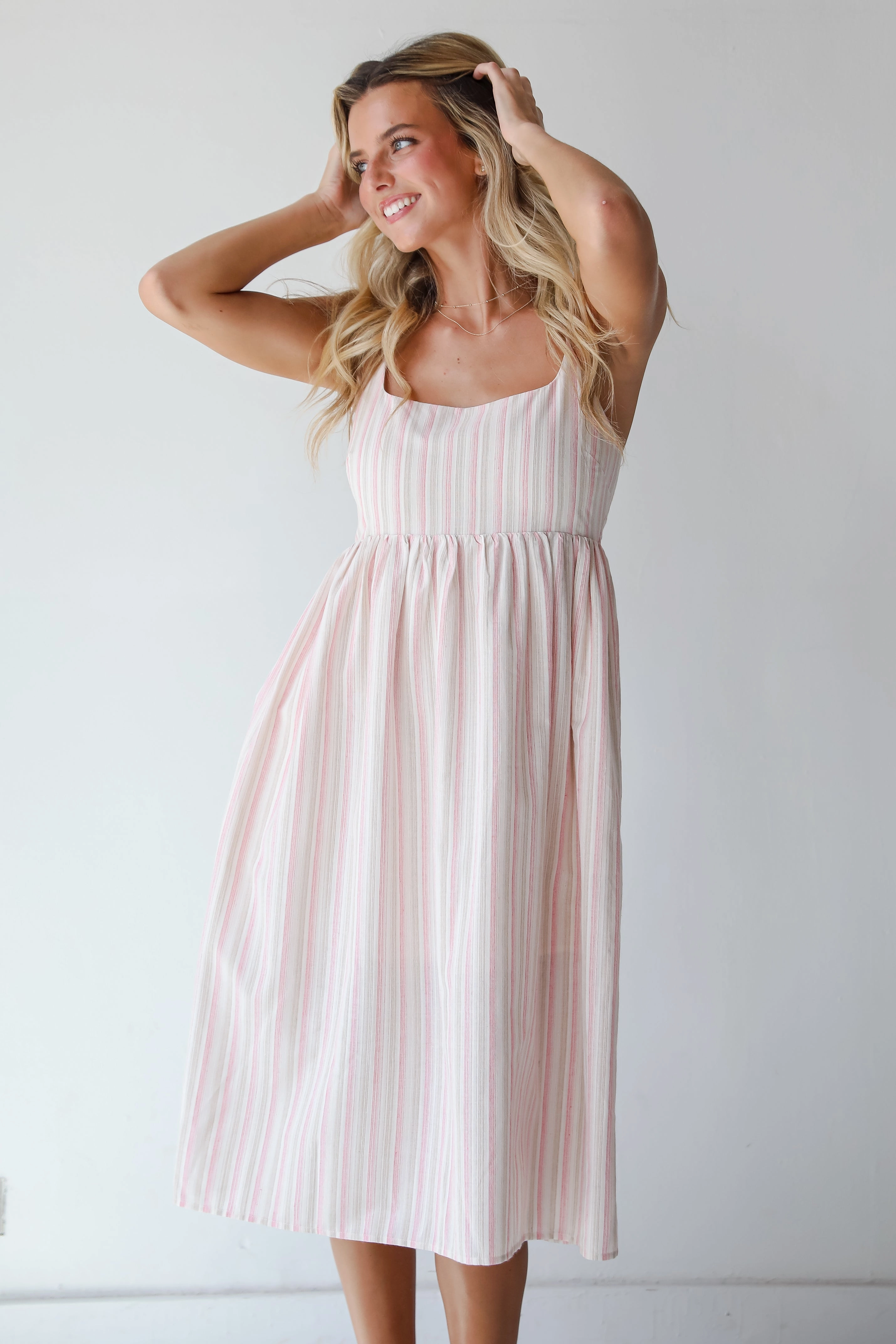 FINAL SALE - Charmed Energy Pink Striped Midi Dress Fitted Look Live Soft