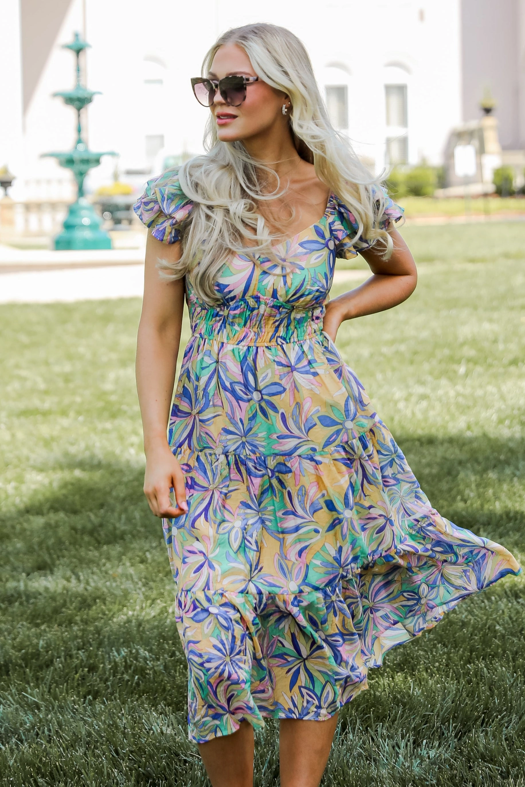 Pure Fabric Pleated-Skirt FINAL SALE - Remember Me Blue Tiered Floral Midi Dress