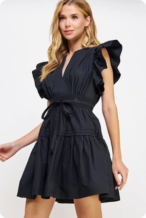 Effortless Vibe Gloria Flutter Sleeve Waist Tie Poplin Mini Dress Black