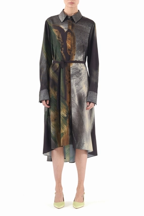 Elastic Fit BRUSHSTROKE PRINTED OVERSIZED SHIRTDRESS WITH BELT
