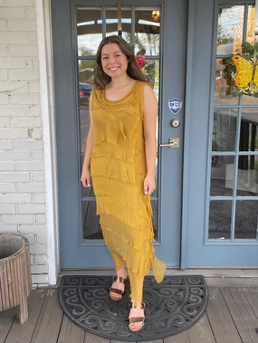Mustard Silk Ankle Length Ruffle Dress Smart and Polished Chic Silhouette
