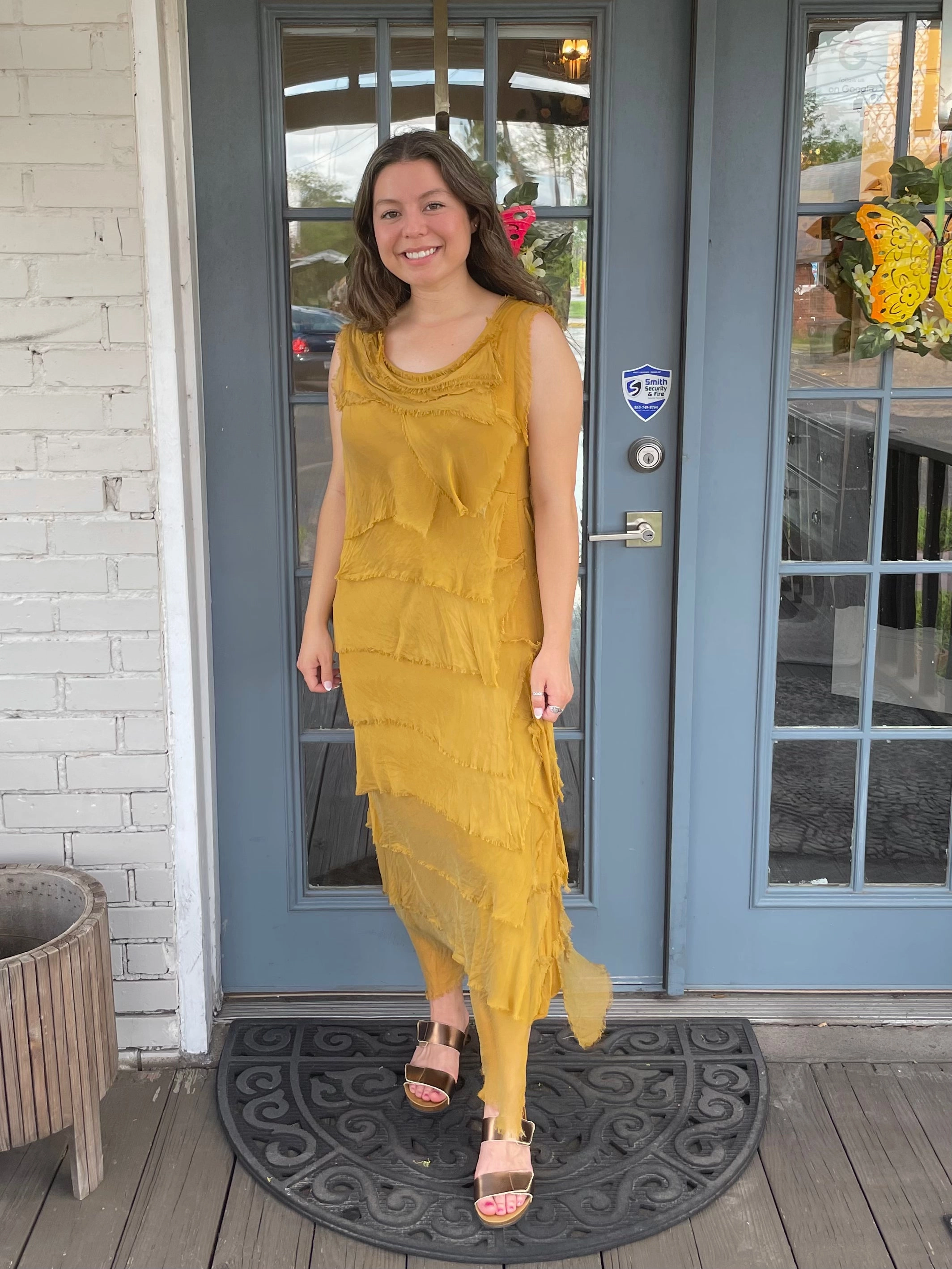 Mustard Silk Ankle Length Ruffle Dress Smart and Polished Chic Silhouette