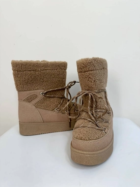 Soft Material Party Occasion Women's Borg Fleece Furry Lace Up Snow Boots In Beige