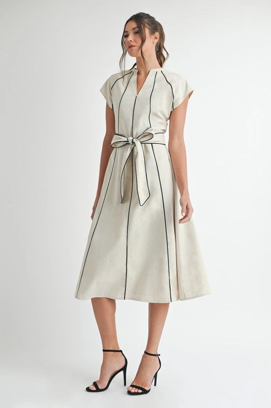 All weather Nova Short Sleeve Stripe Contrast Waist Tie Linen Midi Dress Natural