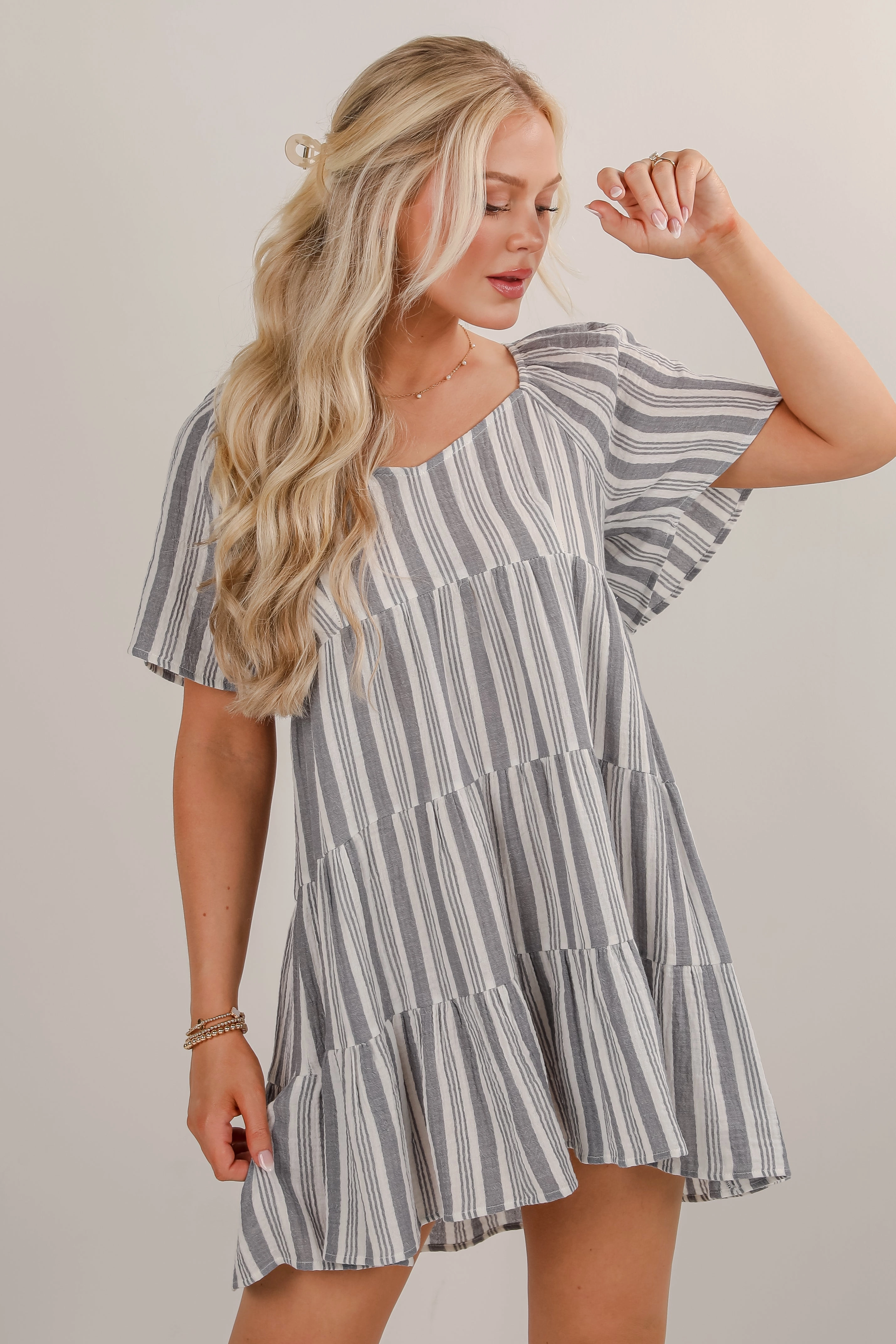 Fashionable Design FINAL SALE - Hold Your Breath Denim Striped Linen Tiered Mini Dress