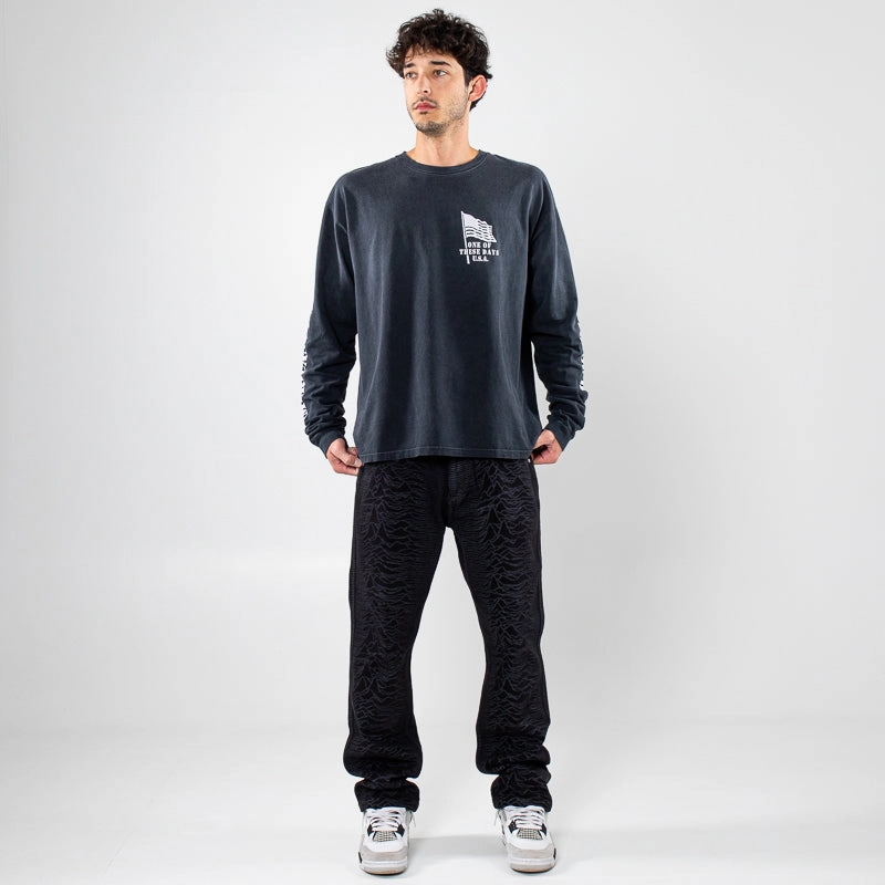 One Of These Days American Flag L/S Tee - Washed Black School campus