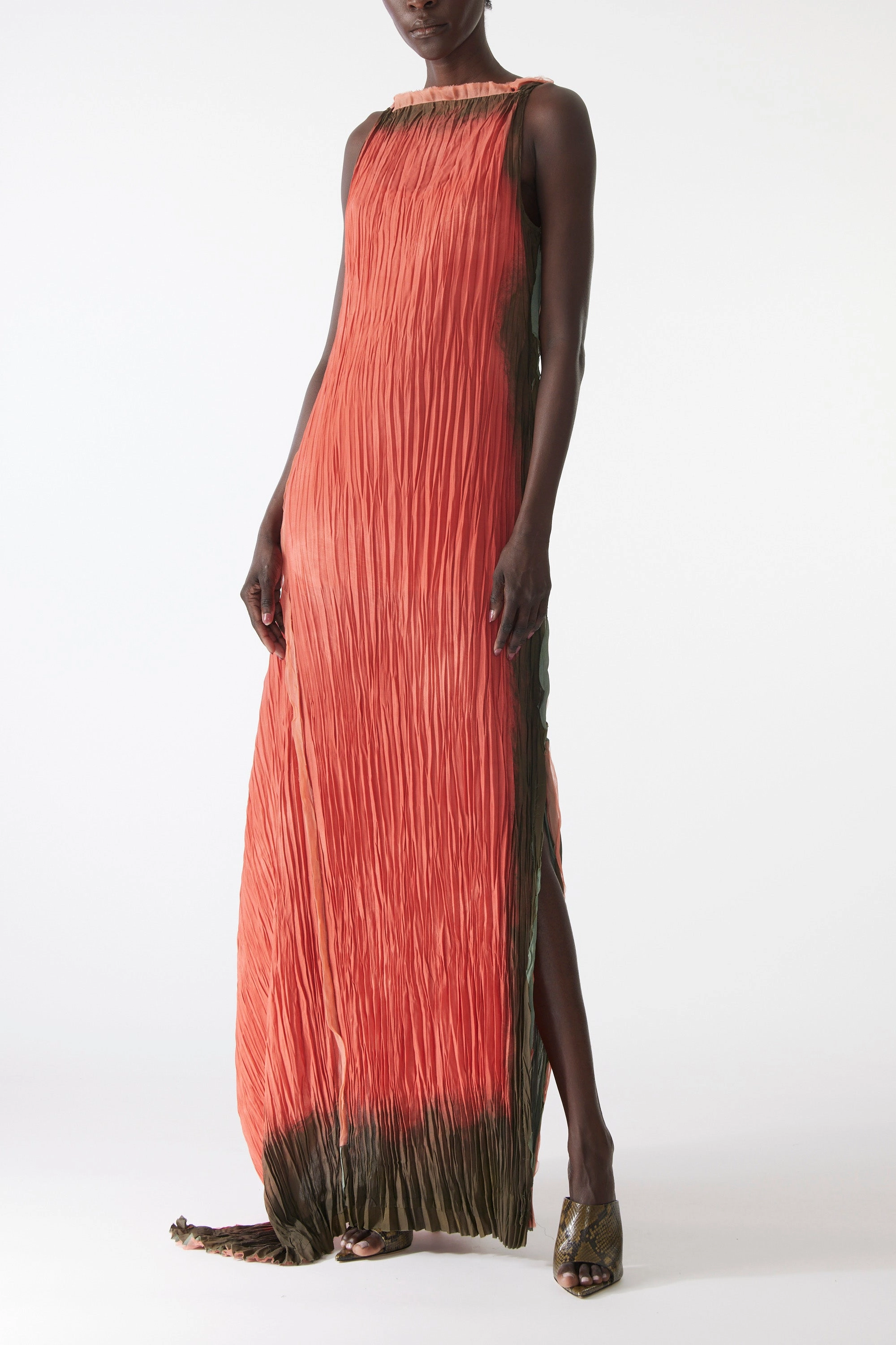 PAINTED STRIPE BOAT NECK SCOOPED BACK PLEATED GOWN Sleek Outline