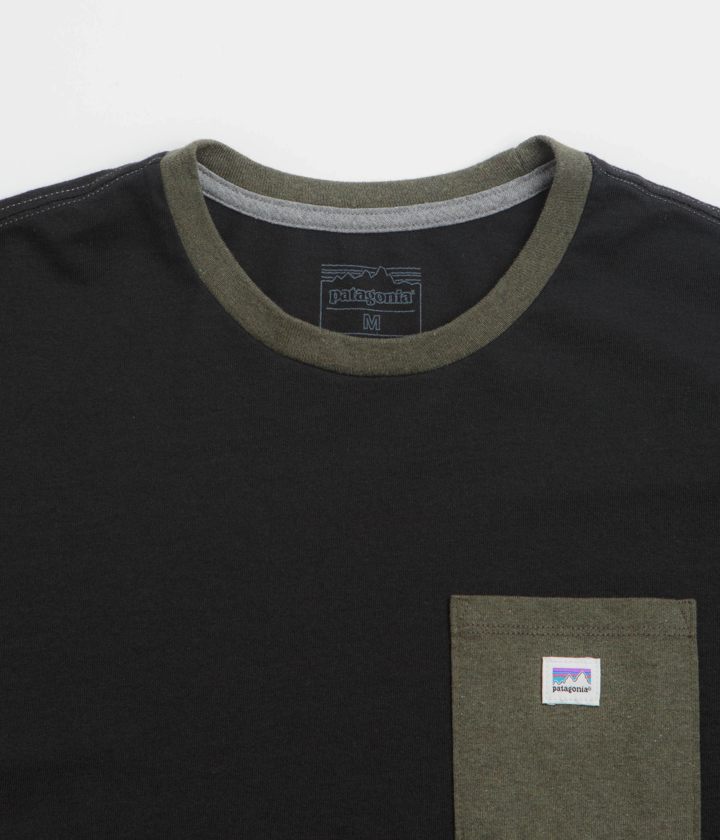 Patagonia Shop Sticker Pocket Responsibili-Tee T-Shirt - Black / Basin Green Personalized zoo