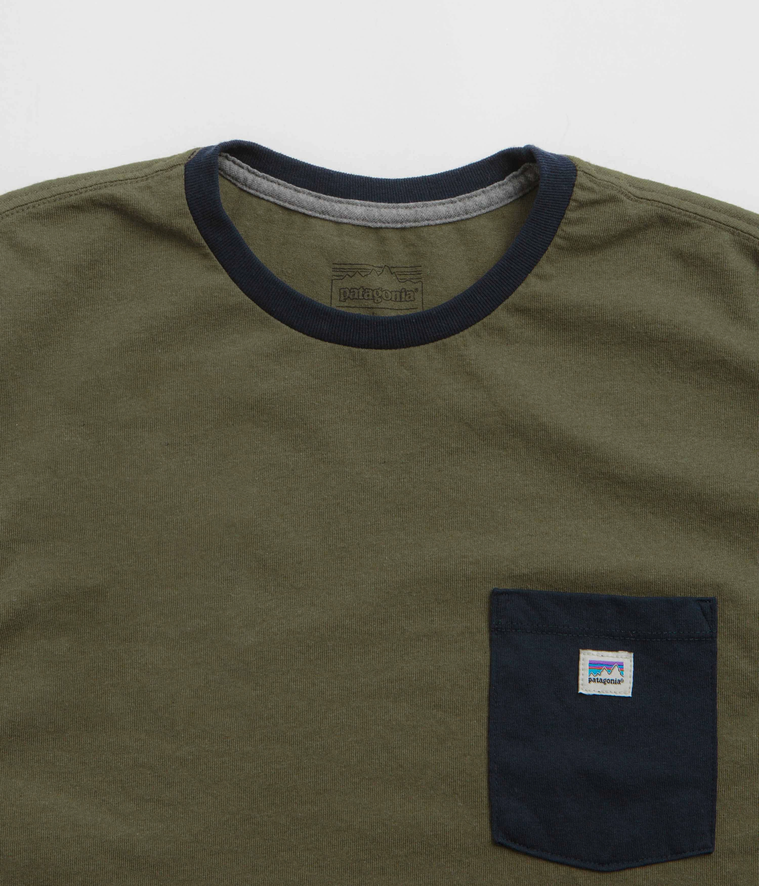 Patagonia Shop Sticker Pocket Responsibili-Tee T-Shirt - Tent Green gym event Beaded accents