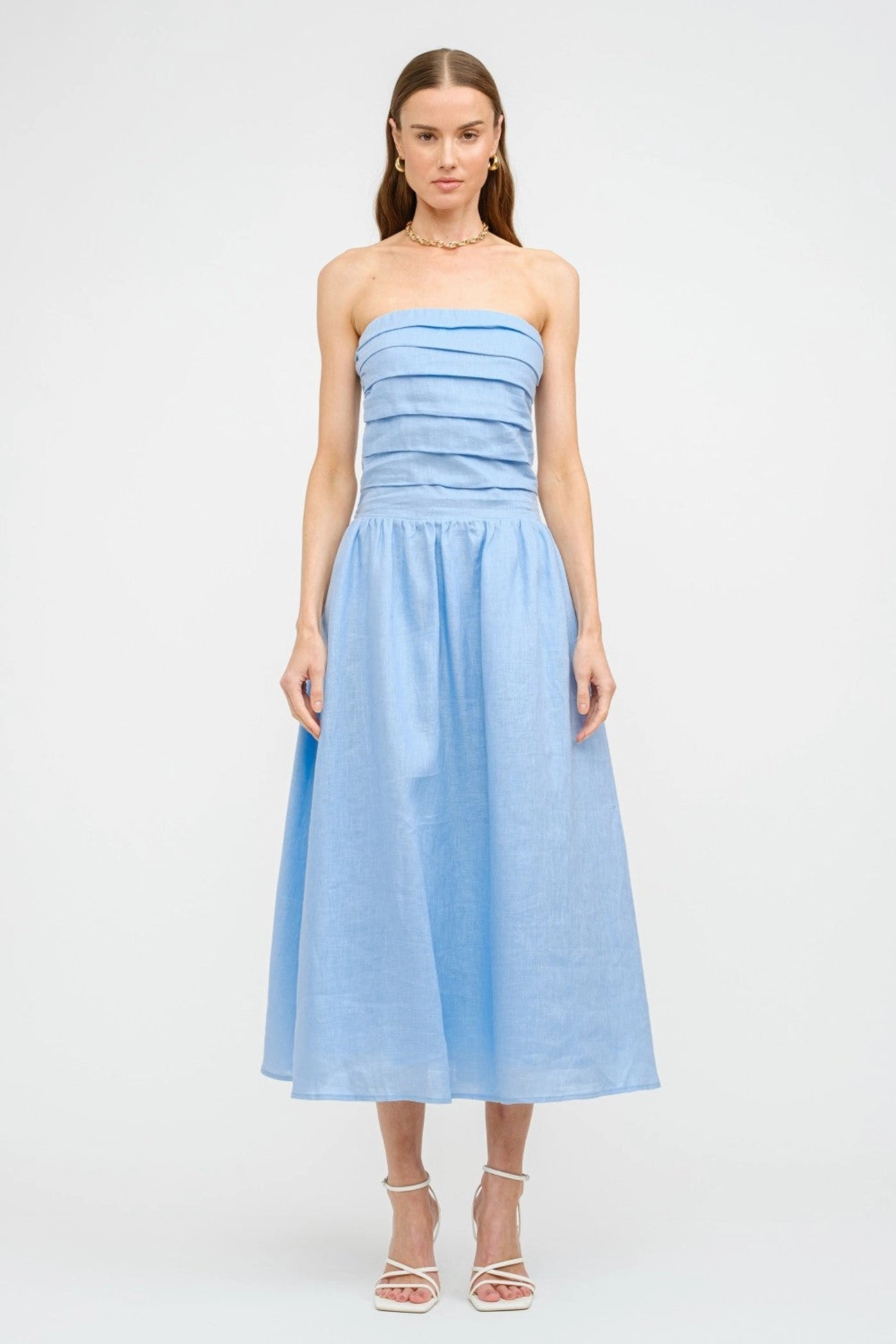 PENELOPE LINEN STRAPLESS MIDI DRESS Drawstring-Closure